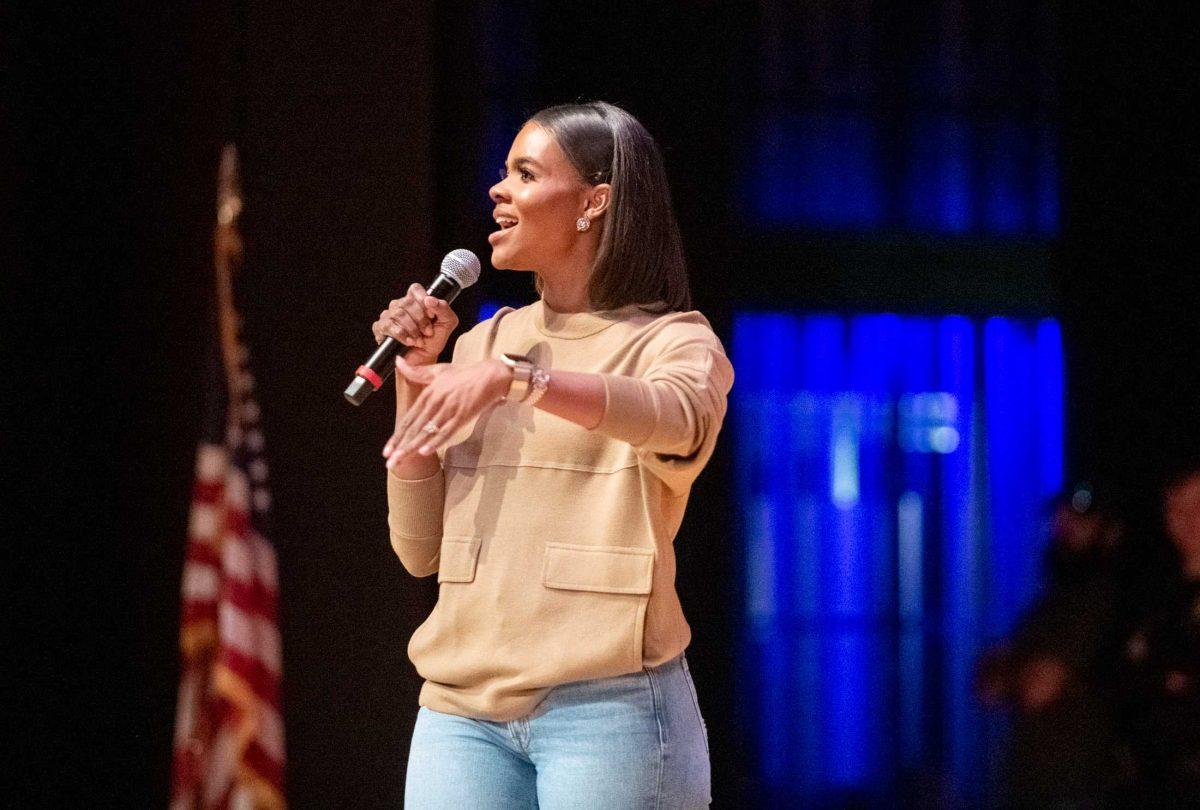 Candace Owens speaks to the room on Tuesday, March 21, 2023, in the Student Union in Baton Rouge, La.