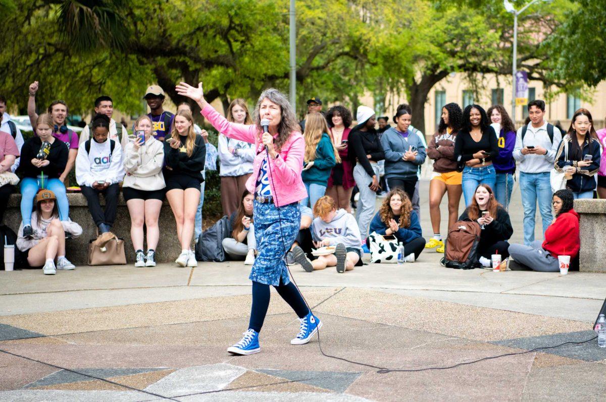 Sister Cindy preaches to LSU students on Tuesday, March 21, 2023, in Free Speech Alley in Baton Rouge, La.