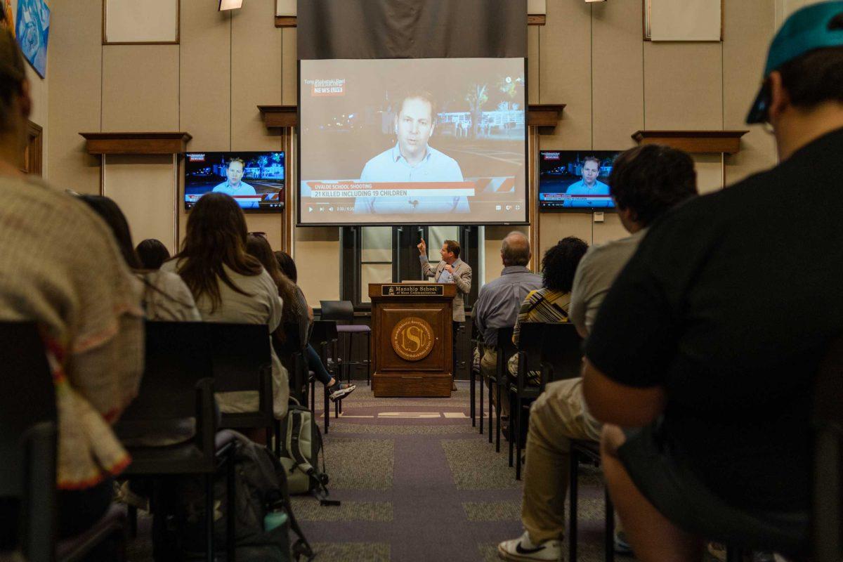 Austin American-Statesman reporter Tony Plohetski shows a video of himself reporting on the Uvalde school shooting on Monday, March 6, 2023, as part of a talk about covering the Uvalde school shooting given at the LSU Journalism Building in Baton Rouge, La.