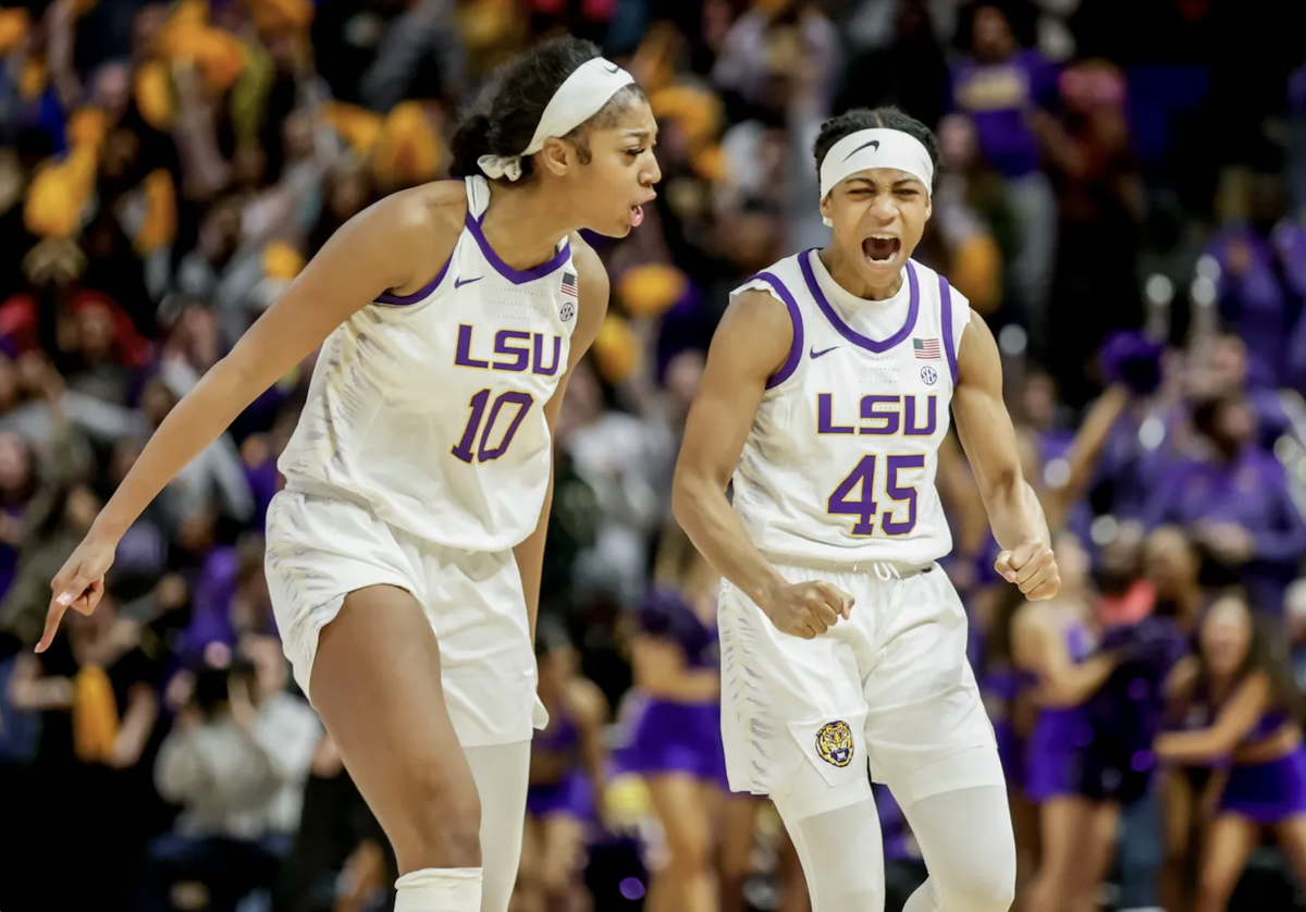 LSU guard Alexis Morris (45) and forward Angel Reese (10). Courtesy of Derick Hingle, AP