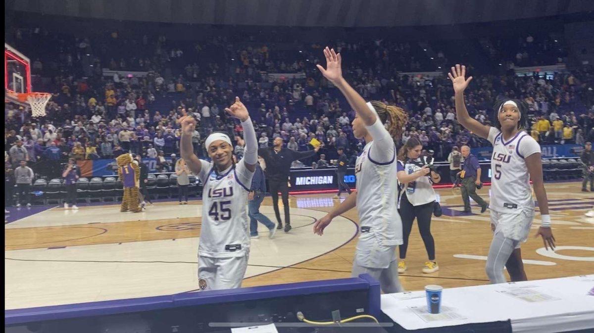 LSU Women's Basketball celebrates their win against Michigan.&#160;