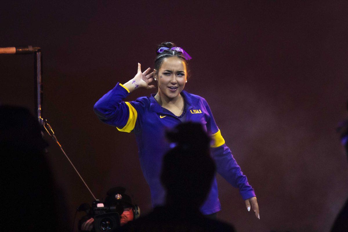 LSU gymnastics all-round sophomore Aleah Finnegan hypes up the crowd Friday, March 10, 2023, prior to LSU's 198.025-196.450 victory over West Virginia in the Pete Maravich Assembly Center in Baton Rouge, La.