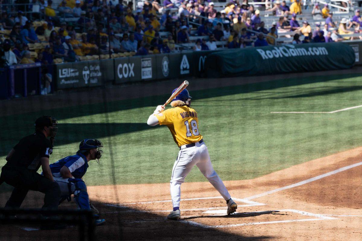 LSU baseball junior first baseman Tre&#8217; Morgan (18) bats Sunday, March 5, 2023, during LSU baseball's 13-0 victory over Central Connecticut State at Alex Box Stadium in Baton Rouge, La.