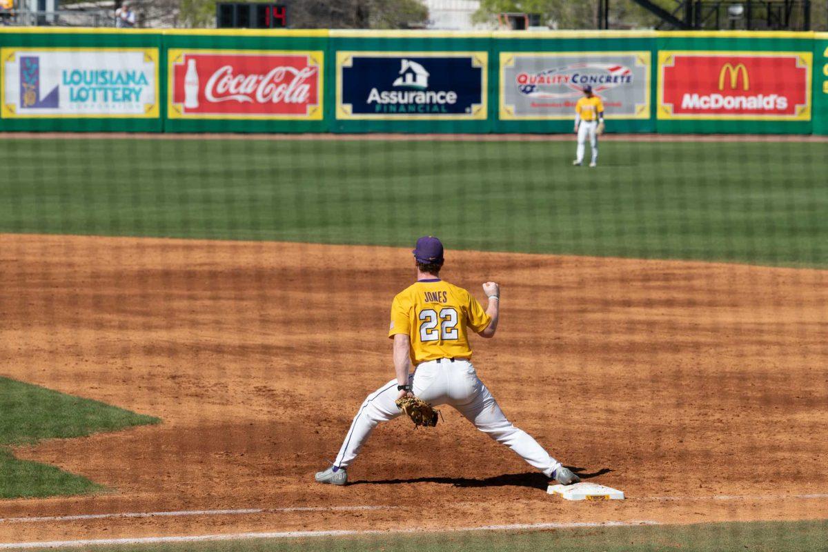 LSU baseball freshman catcher/first baseman Jared Jones (22) waits for a call Sunday, March 5, 2023, during LSU baseball's 13-0 victory over Central Connecticut State at Alex Box Stadium in Baton Rouge, La.