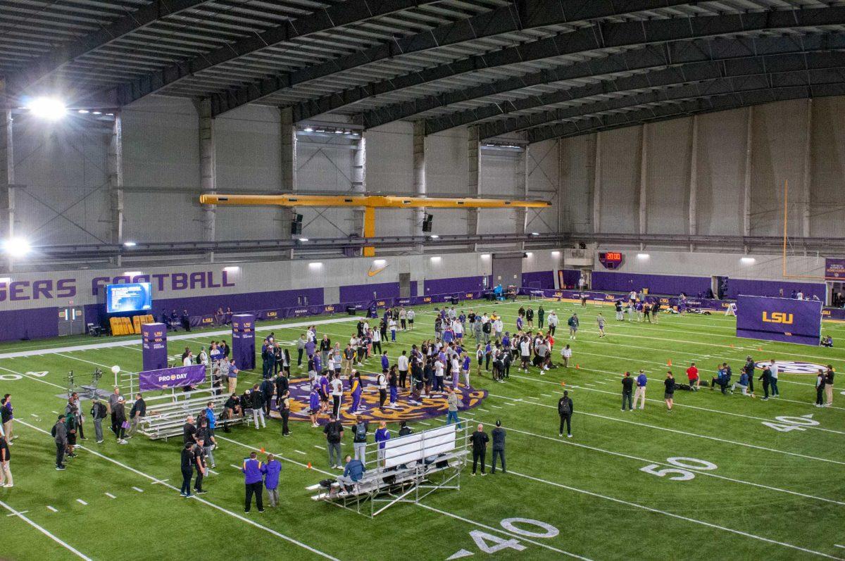 The crowd awaits the start of the next event on Wednesday, March 29, 2023 during LSU Pro Day in the Charles McClendon Practice Facility on LSU's campus.