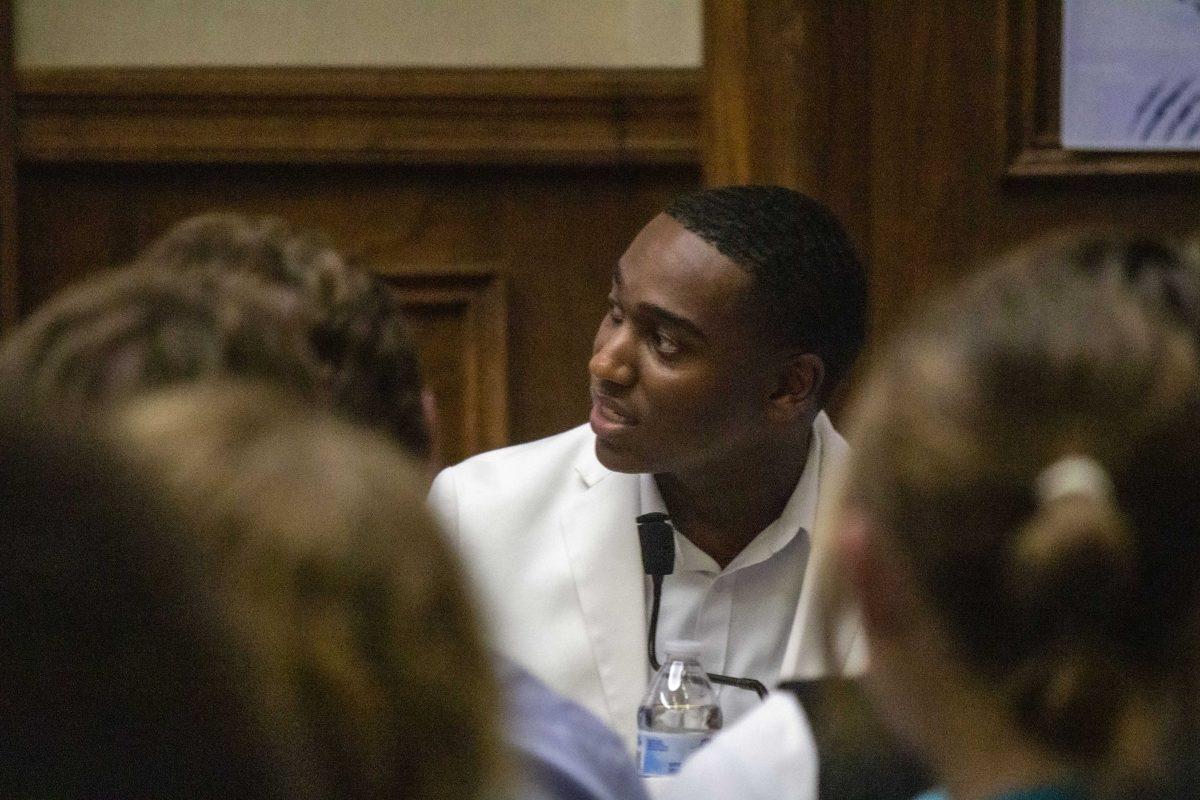 LSU student government Inspire presidential candidate Byron Hansley speaks on his qualifications to be student body president Monday, March 27, 2023, in the Holiday Forum during the Student Government debate in the Journalism Building on LSU&#8217;s campus in Baton Rouge, La.