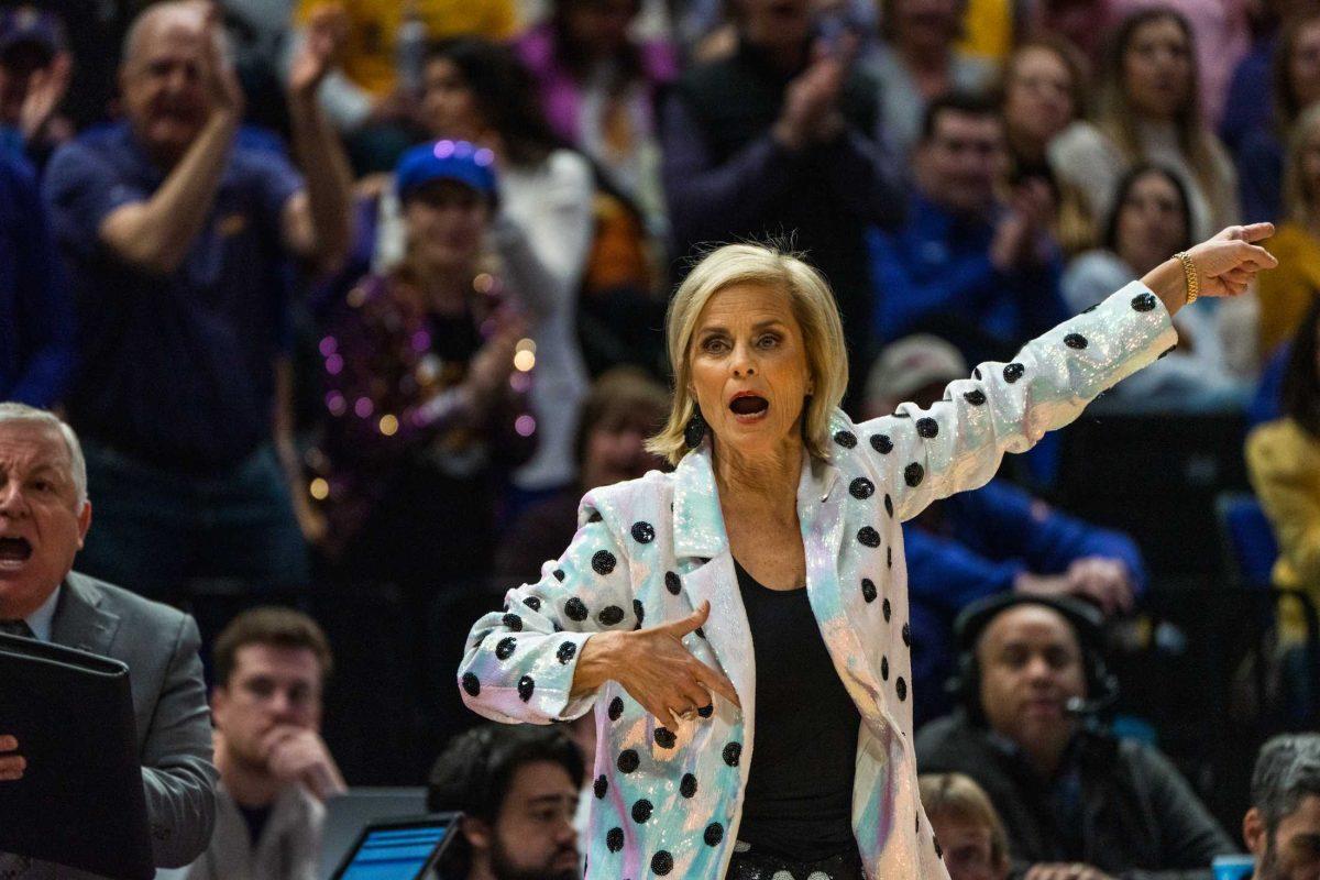 LSU women's basketball head coach Kim Mulkey shouts to the LSU women's basketball team during their 66-42 win against Michigan in the second round of March Madness Sunday, March 19, 2023, at the Pete Maravich Assembly Center on N. Stadium Drive in Baton Rouge, La.