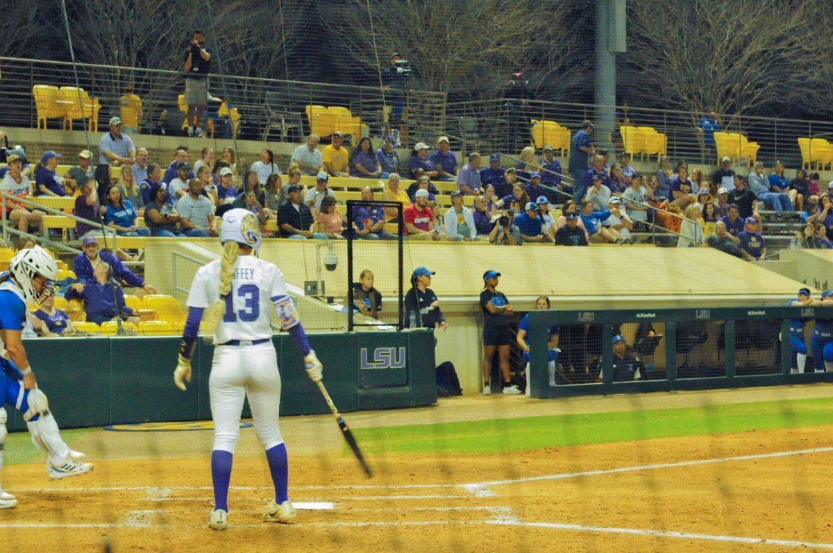 LSU softball junior infield, Danieca Coffey (13), steps up to the plate Friday, Feb. 24, 2023, during LSU's 11-0 win against Texas A&amp;M - Corpus Christi at Tiger Park in Baton Rouge.