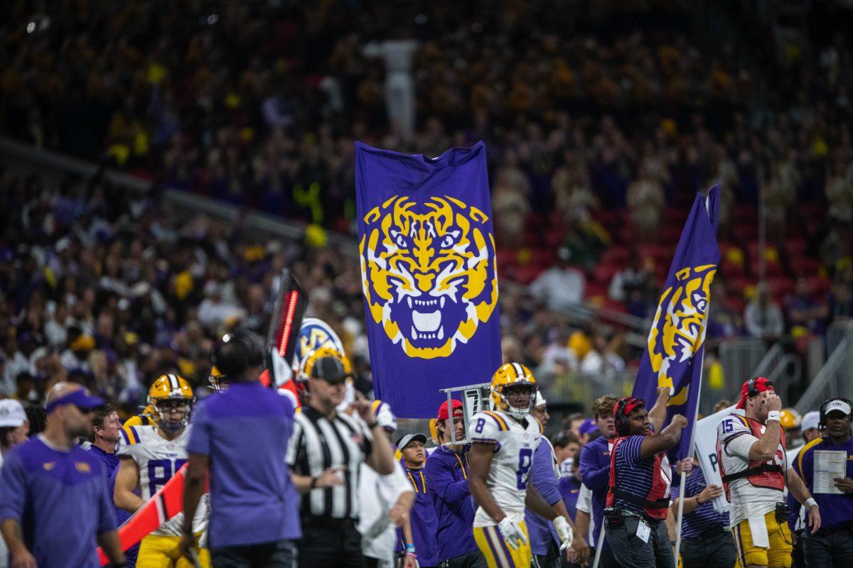 <p>A LSU tiger banner sits on the sideline Saturday, Dec. 3, 2022, during LSU's 30-50 defeat to Georgia at the Southeastern Conference Championship in the Mercedes-Benz Stadium in Atlanta, Georgia.</p>