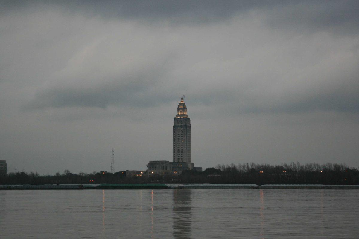 Clouds cover the sky above the Louisiana State Capitol on Saturday, Feb. 12, 2023, near the Mississippi River in Baton Rouge, La.