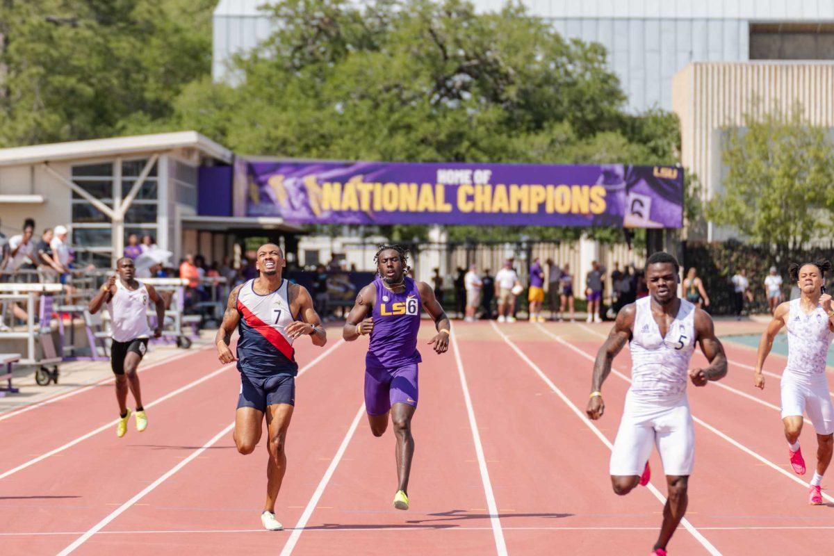 LSU track and field junior sprinter Sean Burrell approaches the finish line in the 400-meter dash on Saturday, March 25, 2023, during the Battle on the Bayou track meet at the Bernie Moore Track Stadium in Baton Rouge, La.