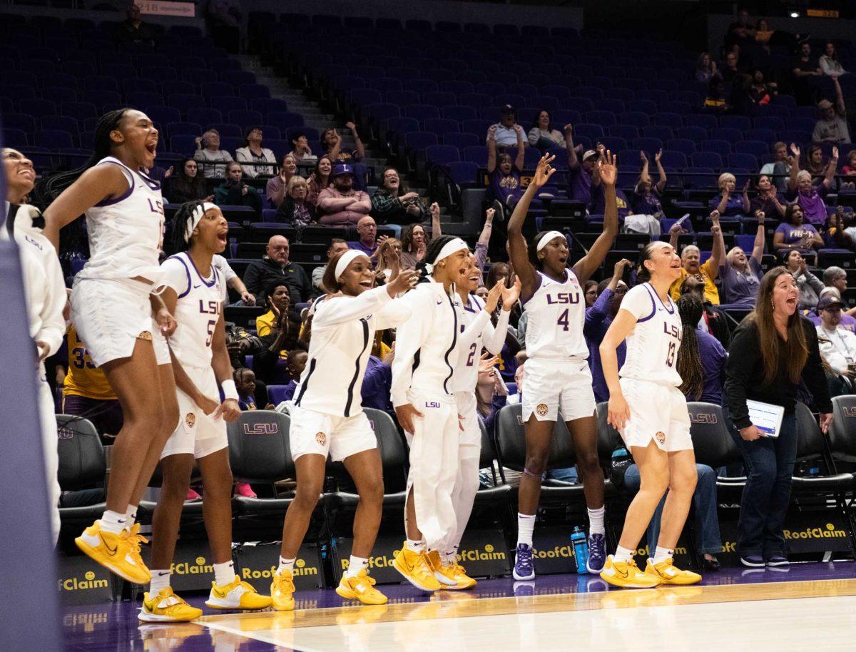 The LSU women&#8217;s basketball team cheers on the side during LSU&#8217;s 121-46 win in an exhibition game against Langston University on Thursday, Nov. 3, 2022, in the Pete Maravich Assembly Center on N. Stadium Drive in Baton Rouge, La.