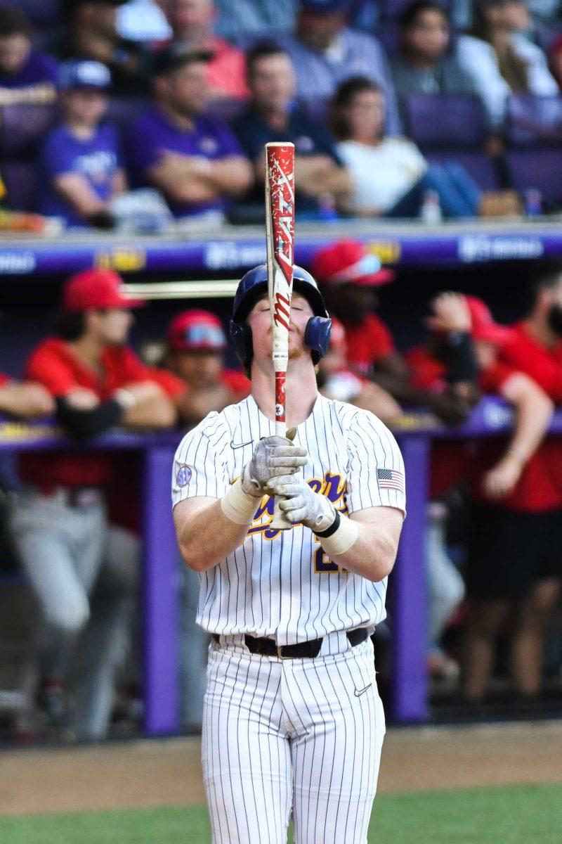 LSU baseball freshman first baseman Jared Jones (22) stands at bat on April 25 during LSU&#8217;s 6-5 loss to Nicholls at Alex Box Stadium in Baton Rouge, La.