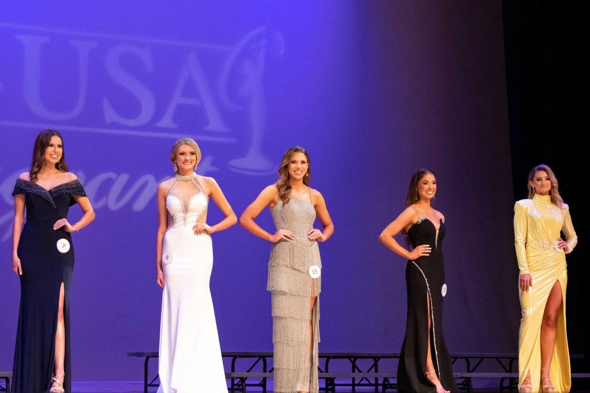 Miss LSU 2023 semi-finalists stand on stage Sunday, March 26, 2023, during the pageant in the&#160;LSU Student Union Theater in Baton Rouge, La.