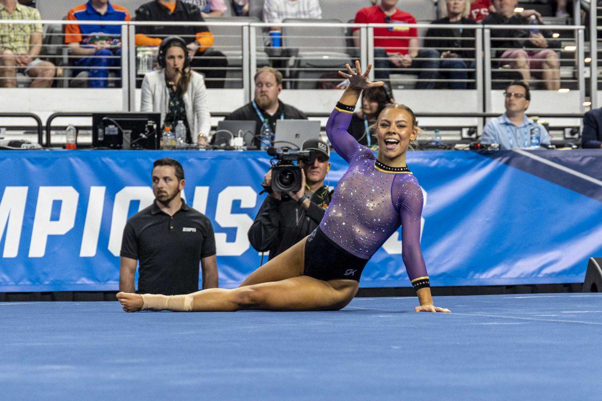 LSU gymnastics vault/ uneven bars junior Chase Brock strikes a pose during her floor exercise Saturday, April 15, 2023, during the 2023 Women&#8217;s National Collegiate Gymnastics Championship in the Dickies Arena in Fort Worth, Tx.