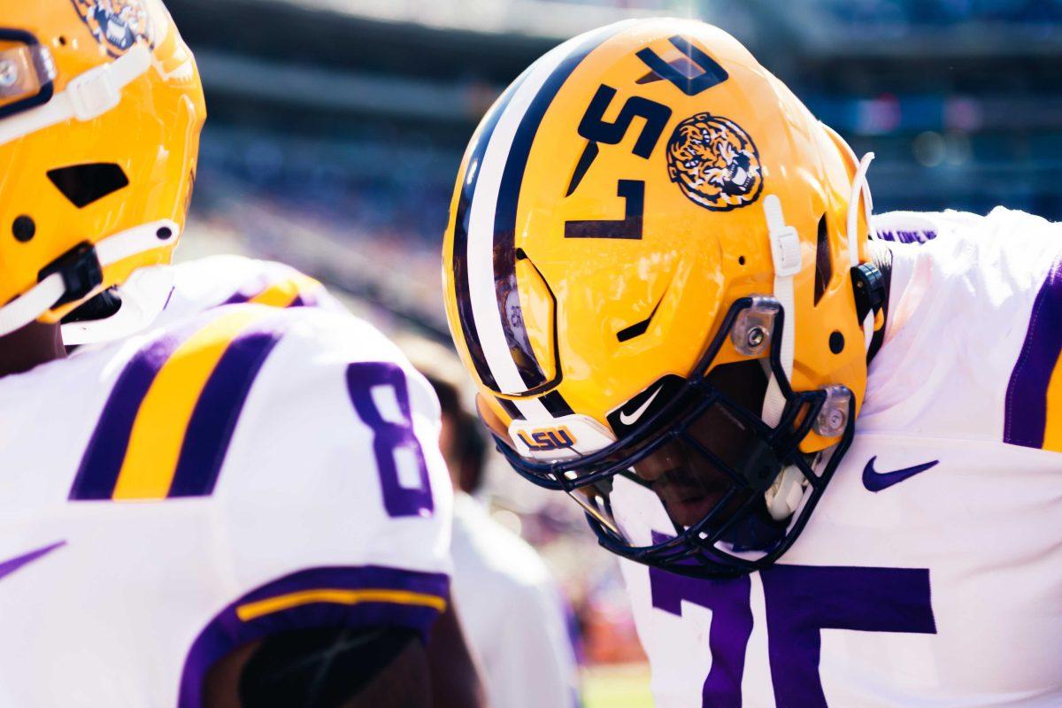 LSU football sophomore offensive lineman Anthony Bradford (75) walks back into the locker room Saturday, Oct. 16, 2021, before LSU's 49-42 win against Florida at Tiger Stadium in Baton Rouge, La.