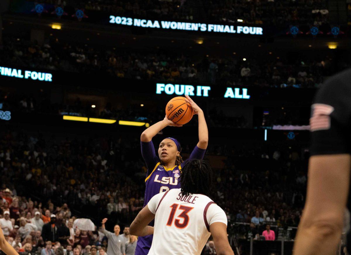 LSU women&#8217;s basketball graduate student forward LaDazhia Williams (0) looks to shoot on Friday, March 31, 2023, during LSU&#8217;s 79-72 victory over Virginia Tech in the NCAA Final Four in the American Airlines Center in Dallas, Texas.