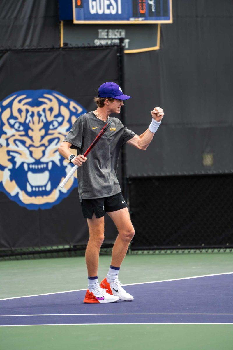 LSU men's tennis junior Welsh Hotard celebrates a point during his 7-5 doubles win against Alabama Sunday, March 26, 2023, at the LSU tennis complex on Gourrier Avenue in Baton Rouge, La.