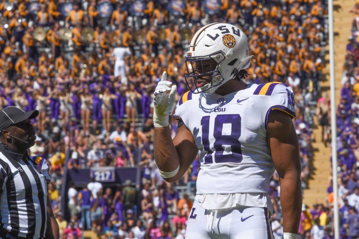 <p>LSU football junior defensive end BJ Ojulari (18) prepares for the game on Oct. 8, 2022, during Tennessee’s 40-13 victory over LSU in Tiger Stadium.</p>