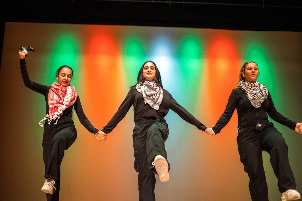 Students perform a traditional Lebanese dance during the International Fusion performance Thursday, April 6, 2023, at the LSU Student Union Theatre in Baton Rouge, La.