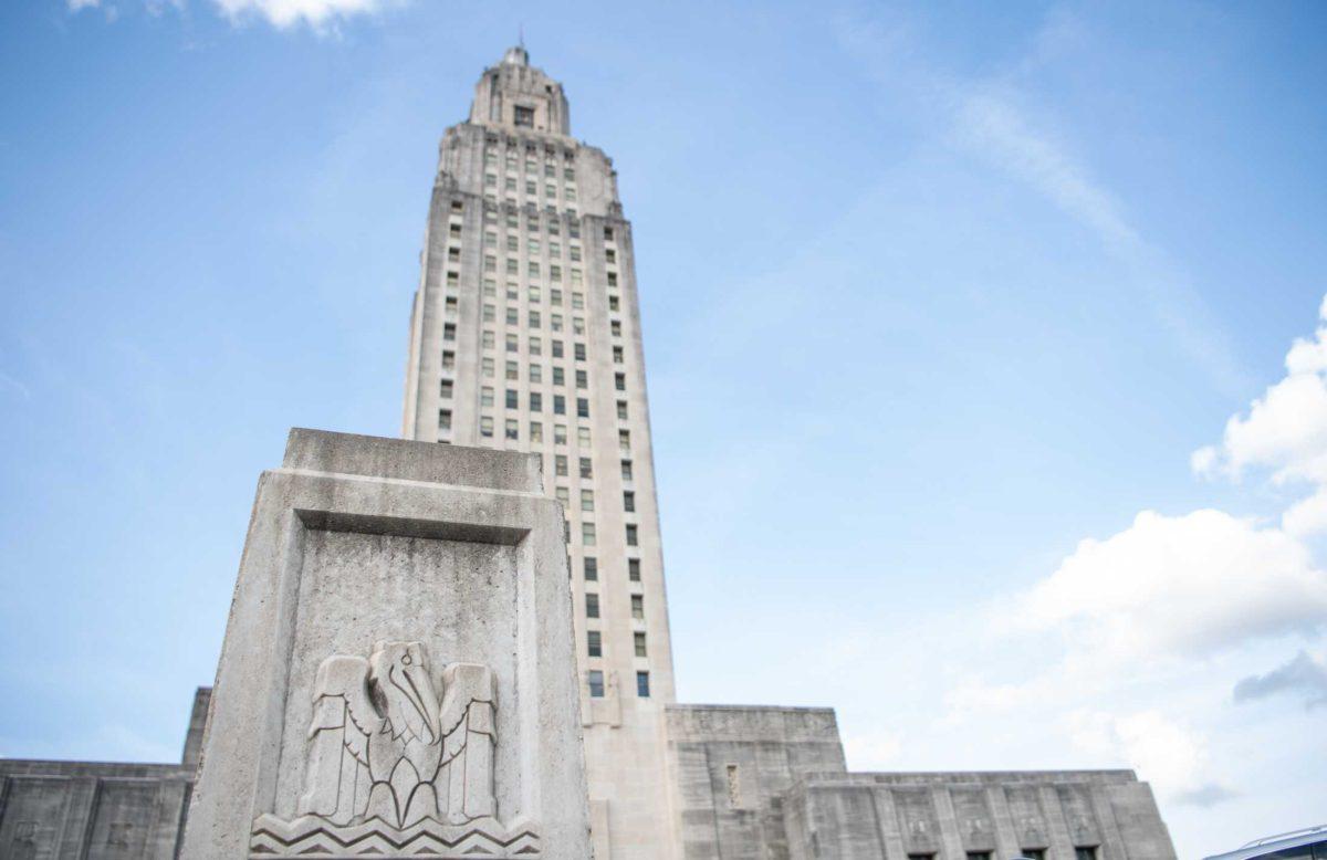 The capitol building reaches for the sky on Wednesday, March 1, 2023, in Baton Rouge, La.