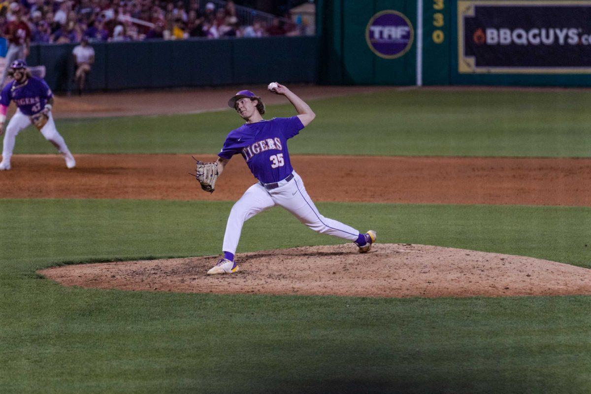 LSU baseball freshman pitcher Griffin Herring (35) pitches the ball on Friday, April 28, 2023, during LSU&#8217;s 8-6 win over Alabama at Alex Box Stadium in Baton Rouge, La.