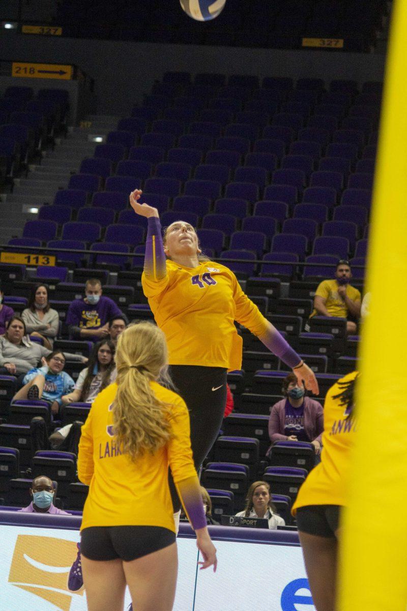 LSU volleyball outside hitter graduate Kylie Deberg (40) hits the ball Sunday, Oct. 10, 2021, during LSU's 3-1 win against Florida in the Pete Maravich Assembly Center on N. Stadium Drive in Baton Rouge, La.