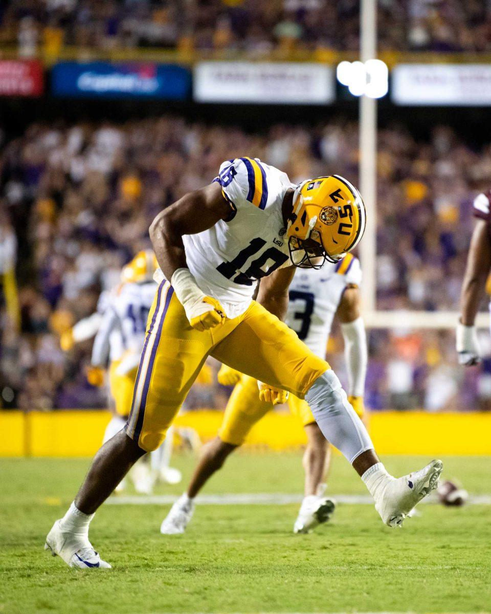 LSU football junior defensive end BJ Ojulari (18) celebrates a defensive stop Saturday, Sept. 17, 2022 during LSU&#8217;s 31-16 win against Mississippi State at Tiger Stadium in Baton Rouge, La.