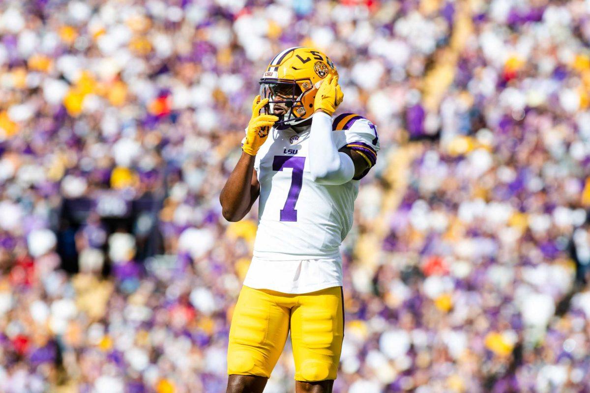 LSU football junior wide receiver Kayshon Boutte (7) looks towards the LSU sideline before the snap Saturday, Oct. 22, 2022, during LSU&#8217;s 45-20 win against Ole Miss at Tiger Stadium in Baton Rouge, La.