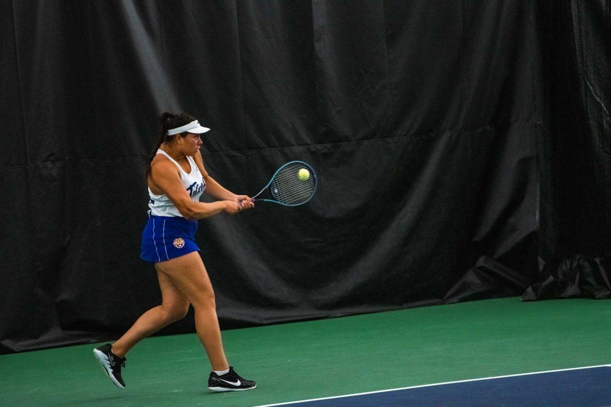 LSU women's tennis freshman Noor Carrington hits a forehand during her 6-1, 6-2 singles win against Alcorn Monday, March 20, 2023, at the LSU tennis complex on Gourrier Avenue in Baton Rouge, La.