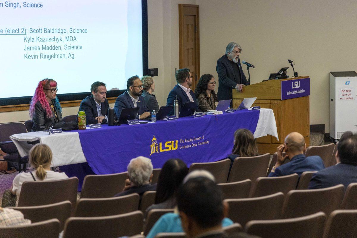 LSU College of Science faculty senator James Madden speaks to his colleagues Tuesday, April 18, 2023, during a Faculty Senate Meeting in the Dalton Woods Auditorium, Energy Coast and Environment building on LSU's campus.