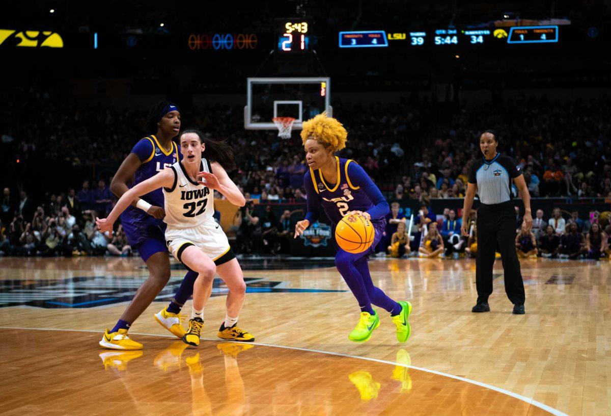 LSU women&#8217;s basketball graduate student guard Jasmine Carson (2) drives towards the basket on Sunday, April 2, 2023, during LSU's 102-85 against Iowa in the NCAA National Championship in the American Airlines Center in Dallas, Texas.