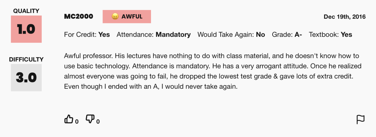 A review left for Len Apcar on Rate My Professor.