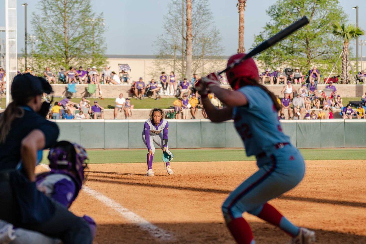 LSU softball junior infielder Danieca Coffey (13) awaits the play on Saturday, April 1, 2023, during LSU&#8217;s 6-2 win over LA Tech at Tiger Park in Baton Rouge, La.