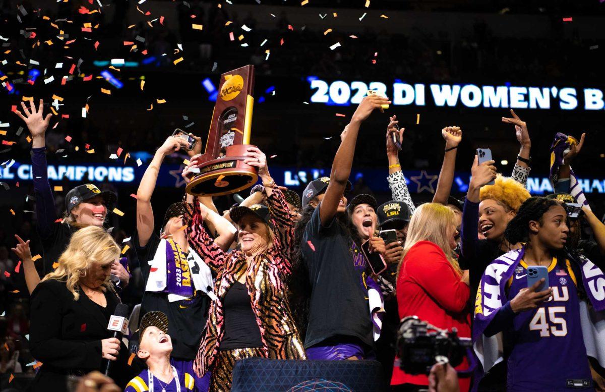 Confetti falls on the LSU women&#8217;s basketball team on Sunday, April 2, 2023, after LSU's 102-85 against Iowa in the NCAA National Championship in the American Airlines Center in Dallas, Texas.