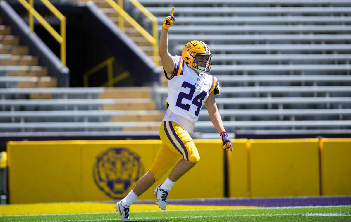 LSU football redshirt freshman wide receiver Landon Ibieta (24) celebrates a touchdown on Saturday, April 22, 2023, during LSU&#8217;s 32-32 tie during the spring game in Tiger Stadium in Baton Rouge, La.