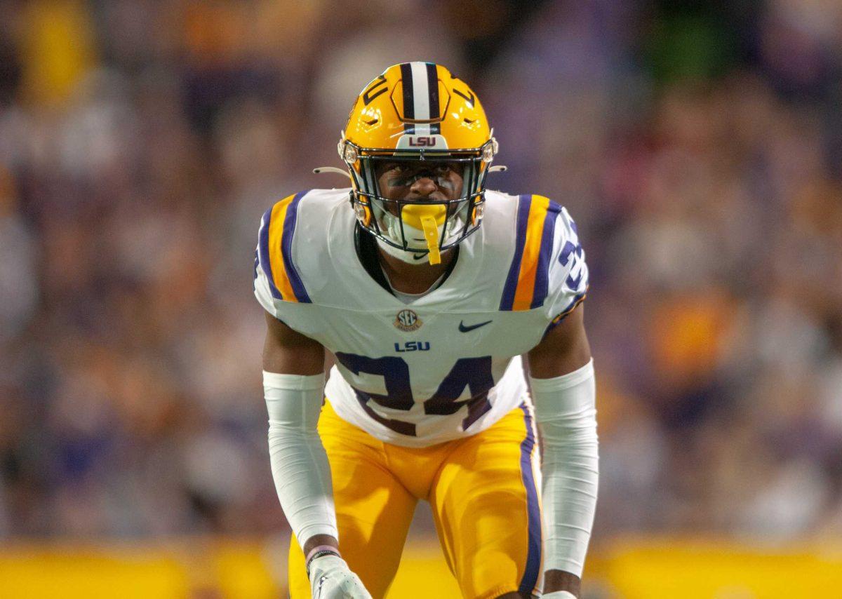 LSU football senior cornerback Jarrick Bernard-Converse (24) analyzes his opposing players on Saturday, Nov. 5, 2022, during LSU's 32-31 victory in Tiger Stadium in Baton Rouge, La.