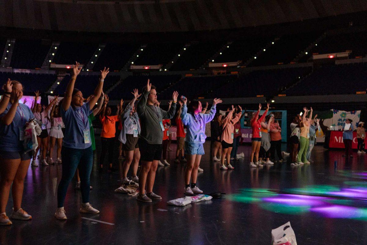 Guests participate in the various dances on Saturday, April 15, 2023, inside the Pete Maravich Assembly Center for Dance Marathon&#8217;s Big Event.