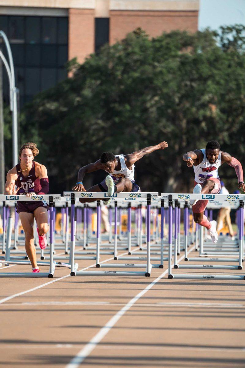 LSU track and field&#160;freshman sprinter Matthew Sophia clears the hurdle during the men's 110 meter hurdles Saturday, May 14, 2023, at the Bernie Moore Track Stadium on North Stadium Drive in Baton Rouge, La.