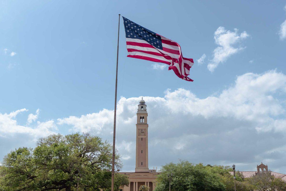 A large American flag flies on Thursday, March 23, 2023, over the LSU Parade Ground in Baton Rouge, La.