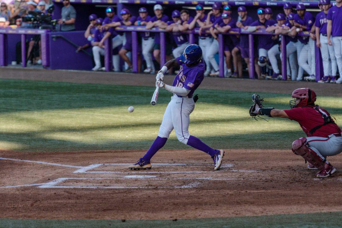 LSU junior first baseman Tre&#8217; Morgan (18) swings for the ball on Friday, April 28, 2023, during LSU&#8217;s 8-6 win over Alabama at Alex Box Stadium in Baton Rouge, La.