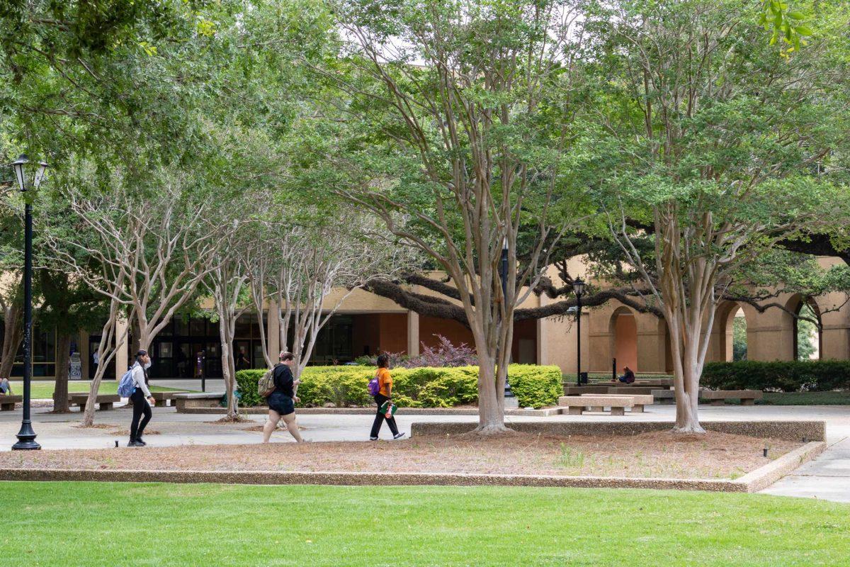 Few people walk through the Quad Wednesday, May 25, 2023, during LSU's summer session in Baton Rouge, La.