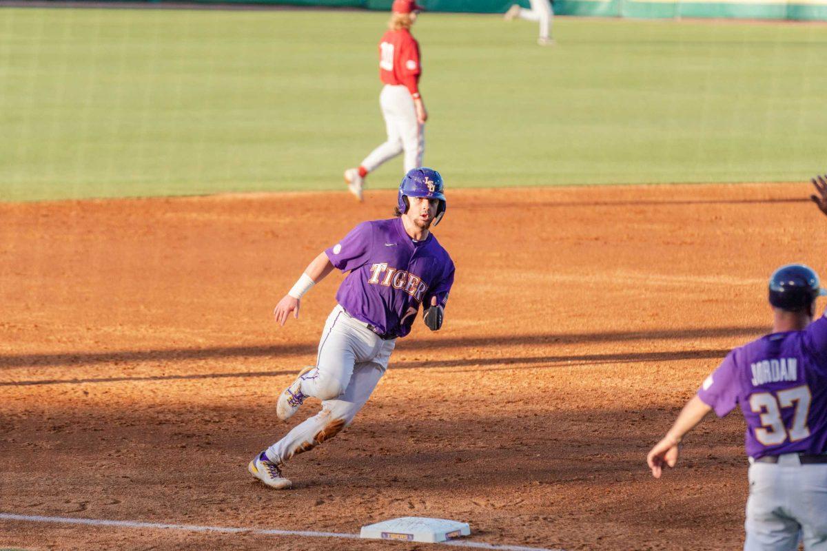 LSU baseball redshirt junior catcher Alex Milazzo (7) rounds third on Friday, April 28, 2023, during LSU&#8217;s 8-6 win over Alabama at Alex Box Stadium in Baton Rouge, La.