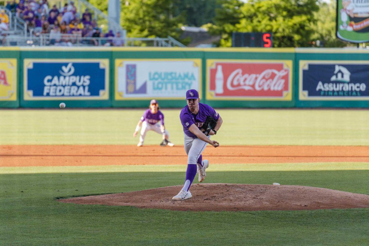 LSU baseball junior pitcher Paul Skenes (20) pitches on Friday, April 28, 2023, during LSU&#8217;s 8-6 win over Alabama at Alex Box Stadium in Baton Rouge, La.