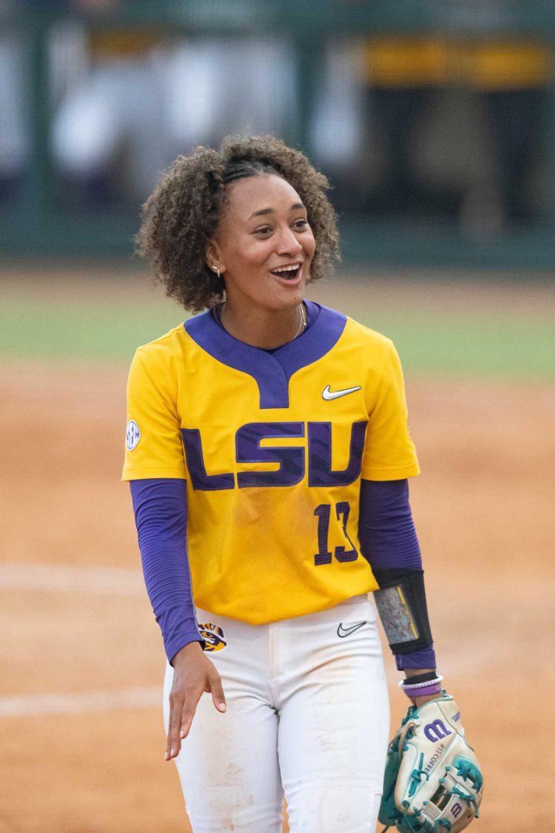 LSU softball junior infielder Daniel Coffey (13) mouths in disbelief Sunday, May 21, 2023, during LSU&#8217;s 9-8 loss against ULL in Game 7 of the NCAA Softball Regionals Championship at Tiger Park in Baton Rouge, La.