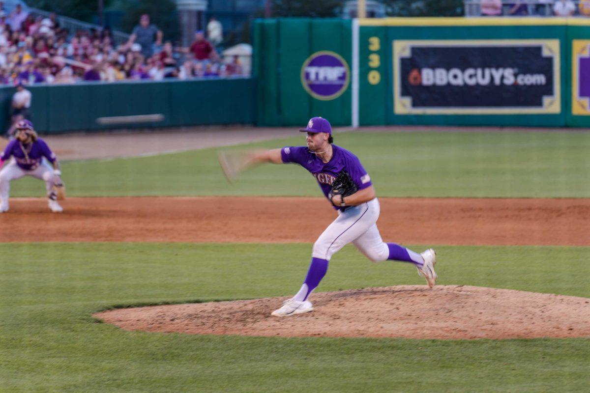 The ball zooms out of LSU baseball junior pitcher Paul Skenes&#8217; (20) hand on Friday, April 28, 2023, during LSU&#8217;s 8-6 win over Alabama at Alex Box Stadium in Baton Rouge, La.