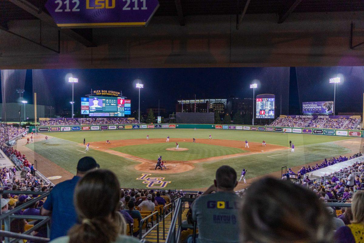 Large lights illuminate Skip Bertman Field on Friday, April 28, 2023, during LSU&#8217;s 8-6 win over Alabama at Alex Box Stadium in Baton Rouge, La.