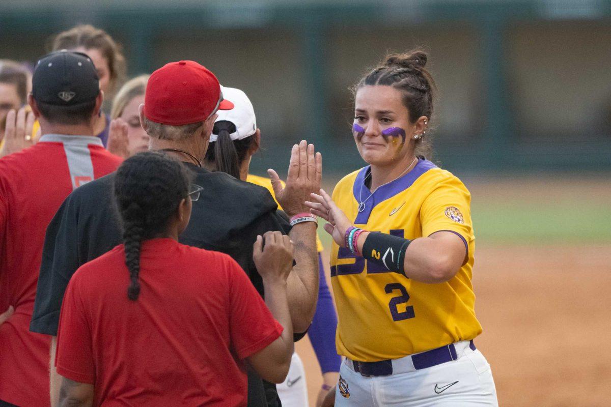 LSU softball graduate student pitcher Ali Kilponen (2) cries Sunday, May 21, 2023, after LSU&#8217;s double loss against ULL in the NCAA Softball Regionals Championship at Tiger Park in Baton Rouge, La.