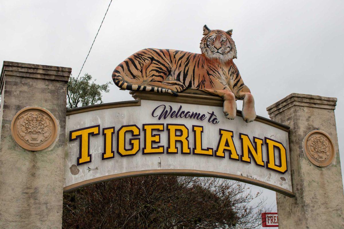 The sign reads "Welcome to Tigerland" on Monday, Feb. 20, 2023, in Tigerland on Bob Petit Blvd. in Baton Rouge, La.