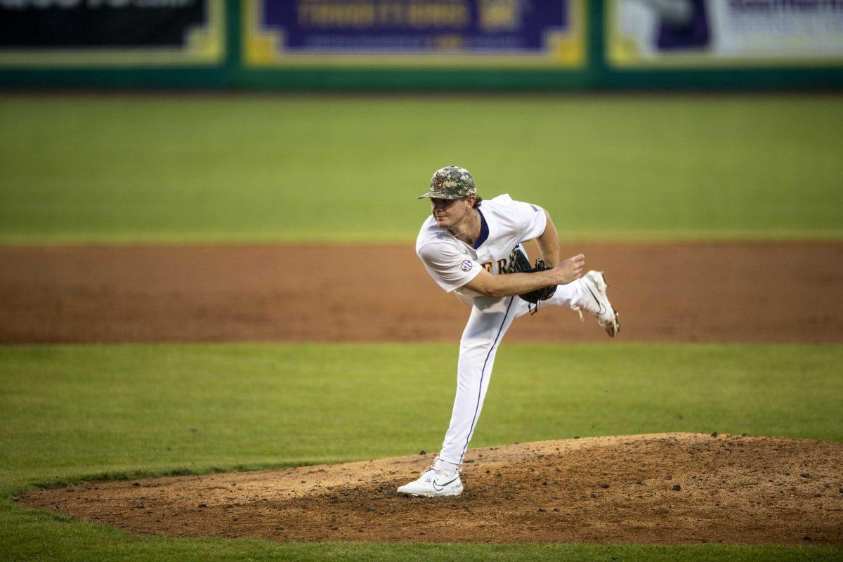 LSU baseball junior right-handed pitcher Ty Floyd (9) completes a pitch Saturday, May 13, 2023, during LSU's 9-4 loss to Mississippi State at Alex Box Stadium in Baton Rouge, La.